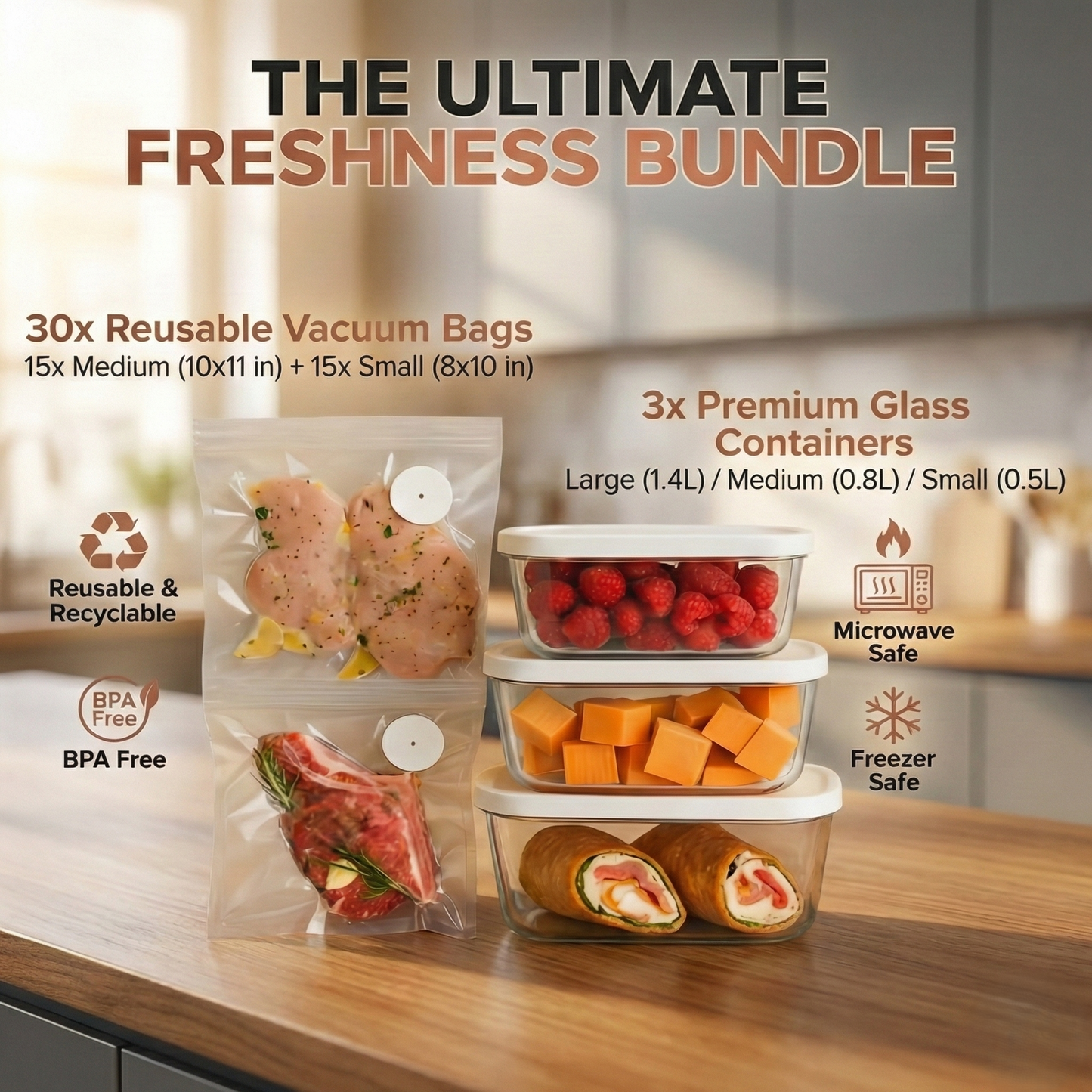 FreshLock™ Cordless Vacuum Sealer Bundle with Glass Containers & Reusable Bags