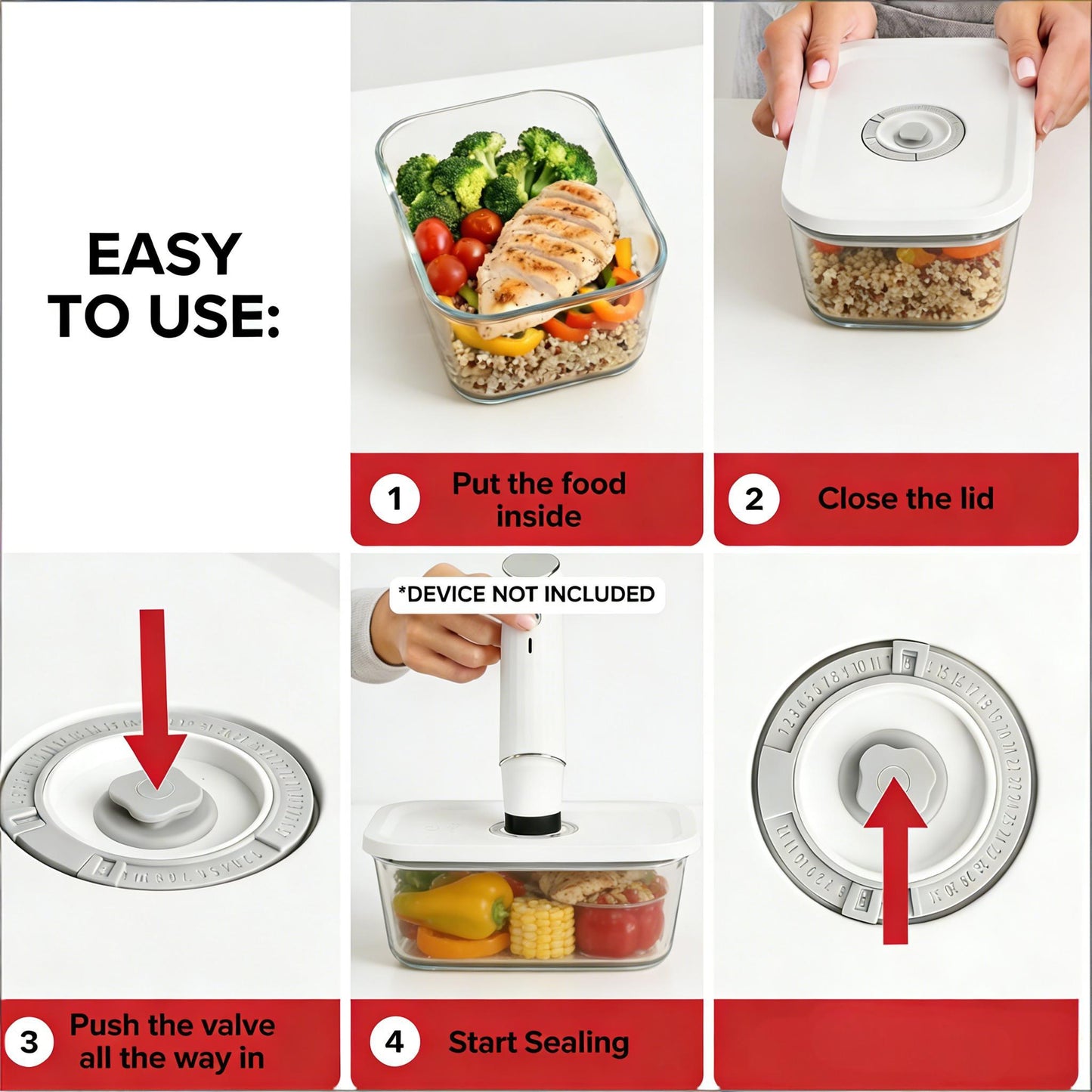 3-Piece Glass Vacuum Food Storage Containers Set (S/M/L Sizes)