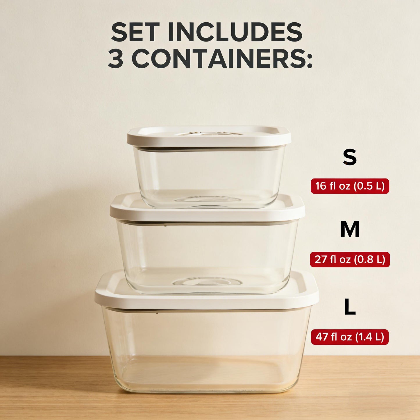 3-Piece Glass Vacuum Food Storage Containers Set (S/M/L Sizes)