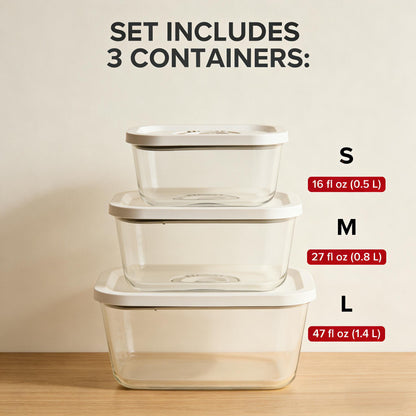 3-Piece Glass Vacuum Food Storage Containers Set (S/M/L Sizes)